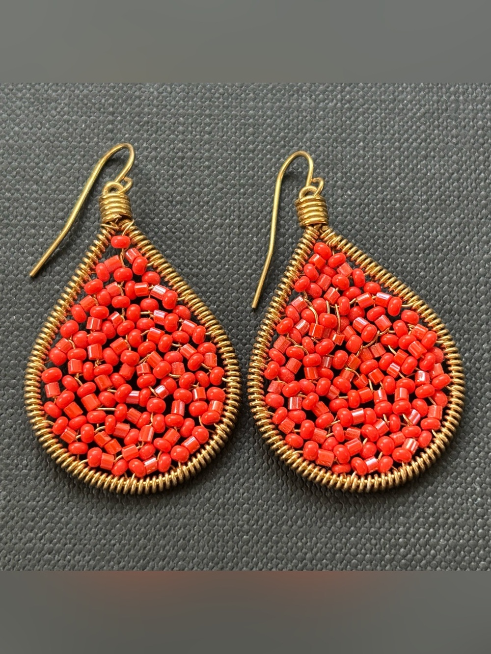 Orange Beaded Teardrop Earrings with Antique Gold Wire